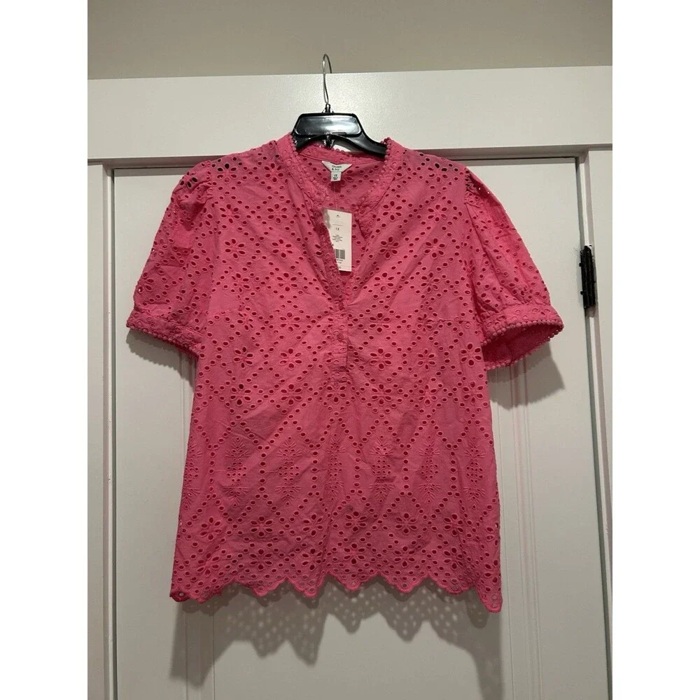 Crown & Ivy Pink Eyelet Blouse Top W/ Cami Plus Size 1X Modest Teacher Preppy